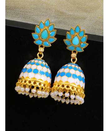 Gold-plated Blue Meenakari Floral Jhumka Earrings With White Pearls RAE1398