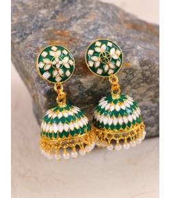 Gold-Plated Round Jhumka Earrings Dark Green RAE1400