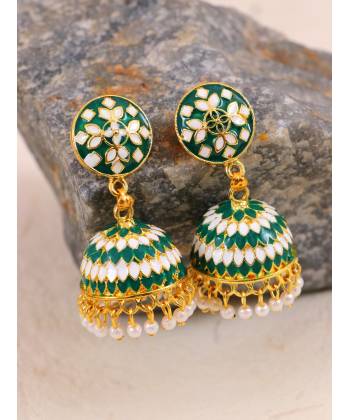 Gold-Plated Round Jhumka Earrings Dark Green RAE1400