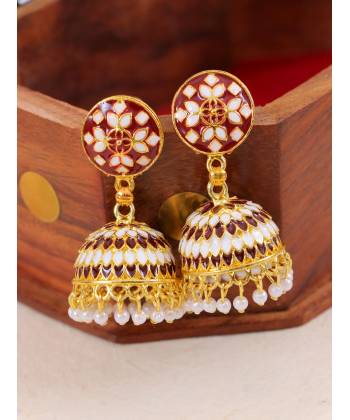 Gold-plated Meenakari & kundan Marron Round Earrings RAE1401