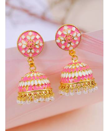 Meenakari Gold Plated Round Pink Earring With White Pearls RAE1406