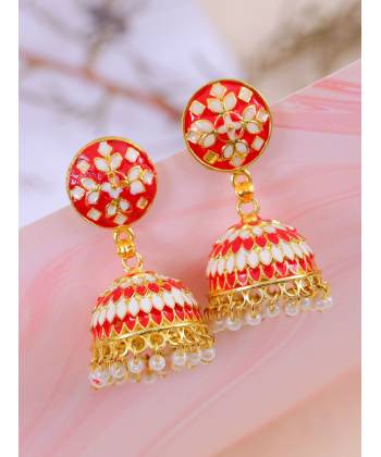 Meenakari Gold Plated Round Red Earring With White Pearls RAE1407