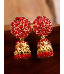 Gold-Plated Floral Red Jhumka Earrings RAE1408