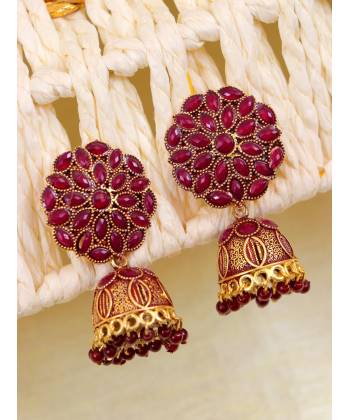 Gold-Plated Floral Maroon Jhumka Earring RAE1409