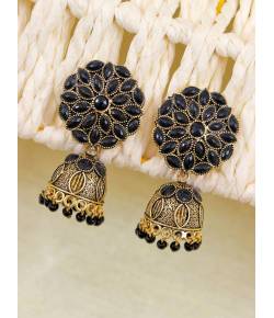 Gold-Plated Black Stone Floral Work Earrings RAE1410
