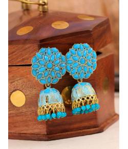 Gold-Plated Blue Stone Floral Work Earrings RAE1417