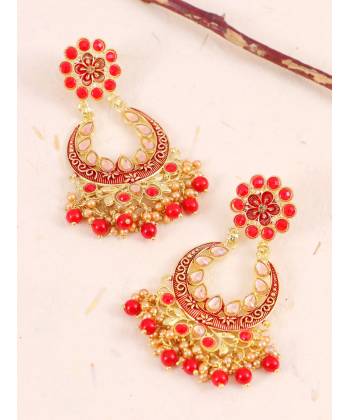 Gold-Plated Red Color Kundan Drop & Dangler Earrings RAE1420
