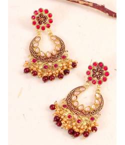 Gold-Plated Maroon Color Kundan Drop & Dangler Earrings RAE1421