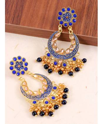 Gold-Plated Royal Blue Color Kundan Drop & Dangler Earrings RAE1422