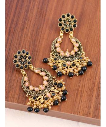 Gold-Plated Dark Blue Color Kundan Drop & Dangler Earrings RAE1423