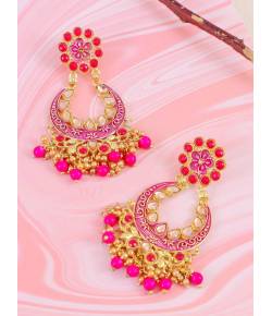 Gold-Plated Royal Pink Color Kundan Drop & Dangler Earrings RAE1424