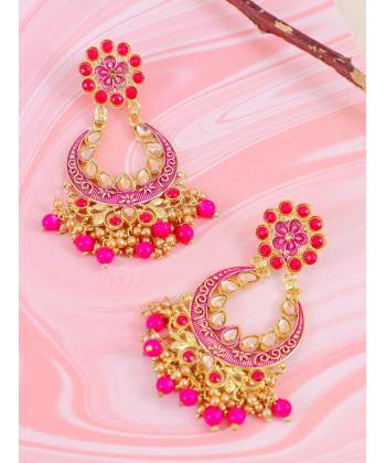 Gold-Plated Royal Pink Color Kundan Drop & Dangler Earrings RAE1424