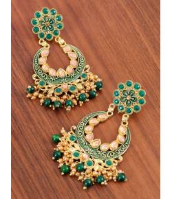 Gold-Plated  Dark Green Color Kundan Drop & Dangler Earrings RAE1425