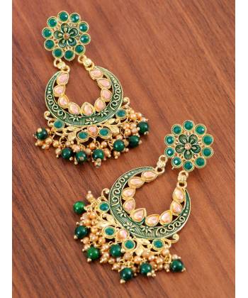 Gold-Plated  Dark Green Color Kundan Drop & Dangler Earrings RAE1425