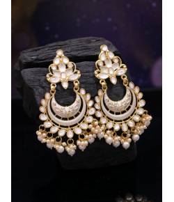 Gold-Plated Chandbali White Kundan Work Dangler Earring RAE1426