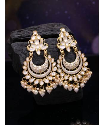 Gold-Plated Chandbali White Kundan Work Dangler Earring RAE1426