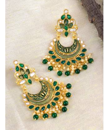 Traditional Gold-Plated Meenakari & Kundan Dark Green Dangler Earrings RAE1432
