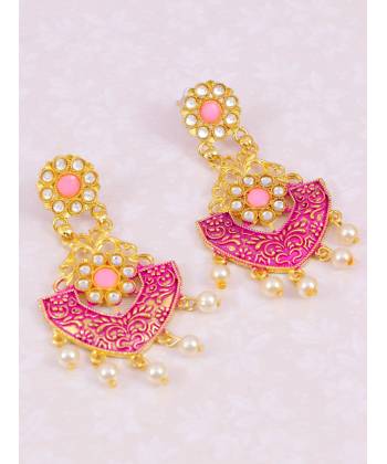 Gold-plated Pink Choker Kundan Studded Dangler Earrings RAE1433