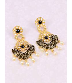 Gold-plated Black Choker Kundan Studded Dangler Earrings RAE1434