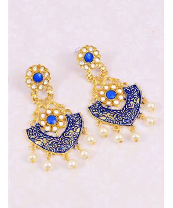 Gold-plated Blue Choker Kundan Studded Dangler Earrings RAE1435