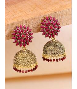 Traditional Gold-Plated Royal Pink Floral Royal Pink Earrings RAE1447