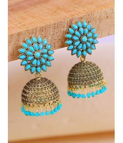 Gold-Plated Sky Blue Round Floral Earrings RAE1449