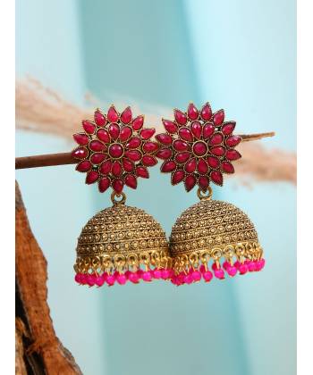 Traditional Gold-Plated Pink Kundan Stone work Jhumka Earrings RAE1451