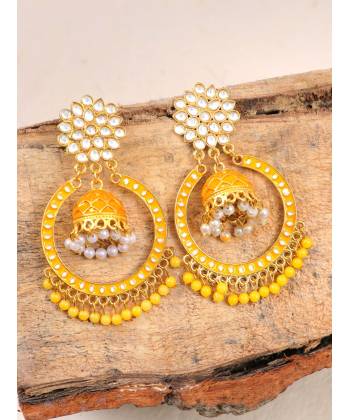 Gold-Plated Kundan Dangler Yellow Color ChandBali Jhumka Earrings RAE1460