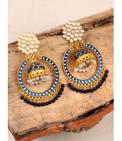 Gold-Plated Kundan Dangler Blue Color ChandBali Jhumka Earrings RAE1461