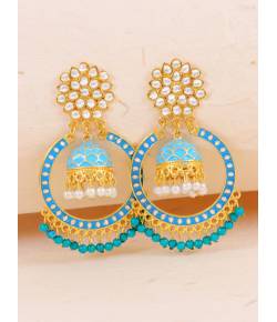 Gold-Plated Kundan Dangler blue Color ChandBali Jhumka Earrings RAE1464