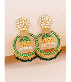 Gold-Plated Kundan Dangler Green Color ChandBali Jhumka Earrings RAE1465