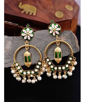 Gold-plated meenakari Lamp style Green Hoop Earrings RAE1468