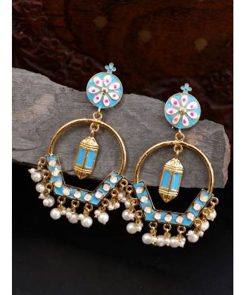 Gold-plated meenakari Lamp style Blue Hoop Earrings RAE1469
