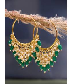 Gold-Plated Jhalar Bali Hoop Earrings With Green Pearls RAE1476