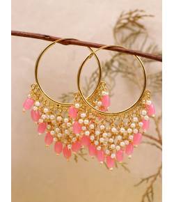 Gold-Plated Jhalar Bali Hoop Earrings With Pink Pearls RAE1477