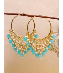 Gold-Plated Jhalar Bali Hoop Earrings With Blue Pearls RAE1478