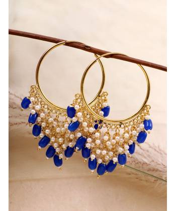 Gold-Plated Jhalar Bali Hoop Earrings With Blue Pearls RAE1479
