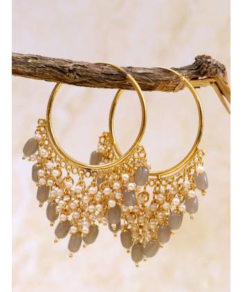 Gold-Plated Jhalar Bali Hoop Earrings With Grey Pearls RAE1480