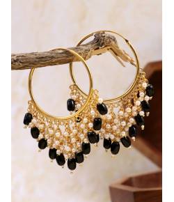 Gold-Plated Jhalar Bali Hoop Earrings With Black Pearls RAE1481