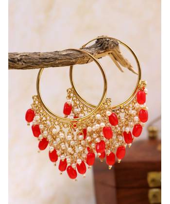 Gold-Plated Jhalar Bali Hoop Earrings With Red Pearls RAE1482