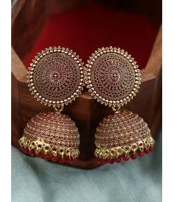 Gold-Plated Maroon Round Shape Jhumka  Earrings RAE1504