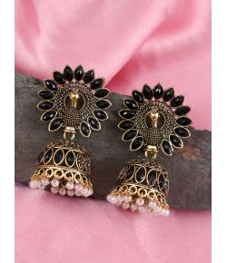 Gold-Plated  Crown Peacock Black Kundan Work Jhunka Earrings RAE1511