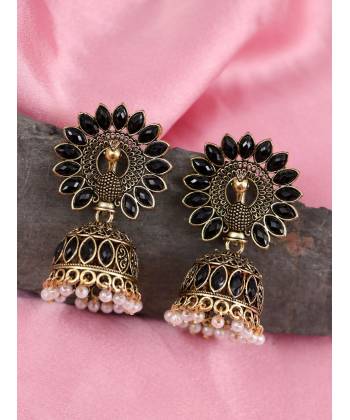 Gold-Plated  Crown Peacock Black Kundan Work Jhunka Earrings RAE1511