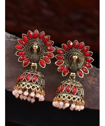Gold-plated Enamelled  Crown Red Peacock Earrings RAE1513