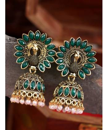 Gold-Plated Crown Peacock Green Earrings RAE1514