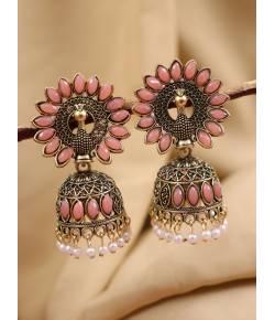 Gold-Plated  Crown Peacock Pink Kundan Work Jhunka Earrings RAE1515