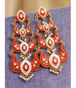 Classic Meenakari Orange Double Layer Gold Plated Red   Dangler Earrings RAE1518