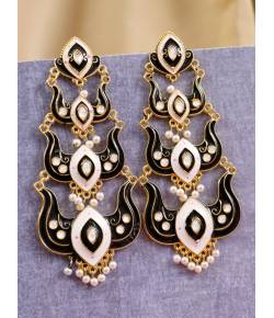 Classic Meenakari Grey Double Layer Gold Plated Black Dangler Earrings RAE1519