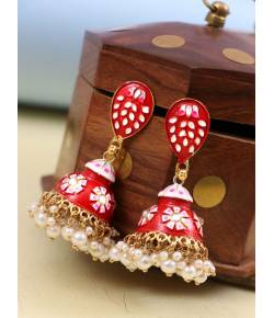 Traditional Gold-Plated  Red Kundan, Jaipur handpainted Meenakari Jhumka Earrings RAE1533