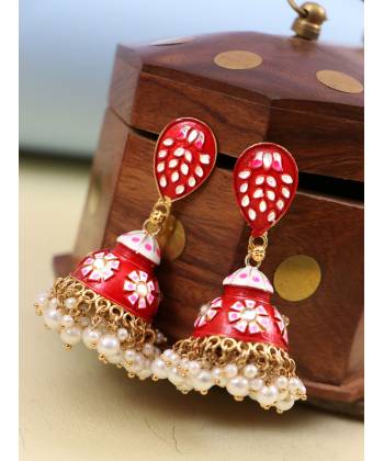 Traditional Gold-Plated  Red Kundan, Jaipur handpainted Meenakari Jhumka Earrings RAE1533